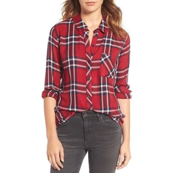 Rails Hunter Plaid Carmine Red Blue Button Up Casual Top Size Large - Picture 1 of 7